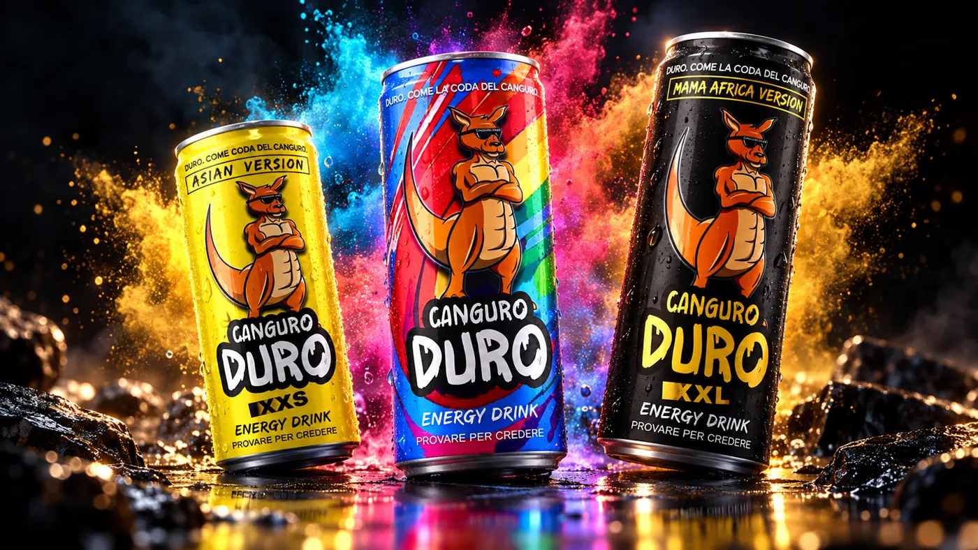 Le tre lattine Canguro Duro: Asian Version XXS, Energy Drink e Mama Africa XXL