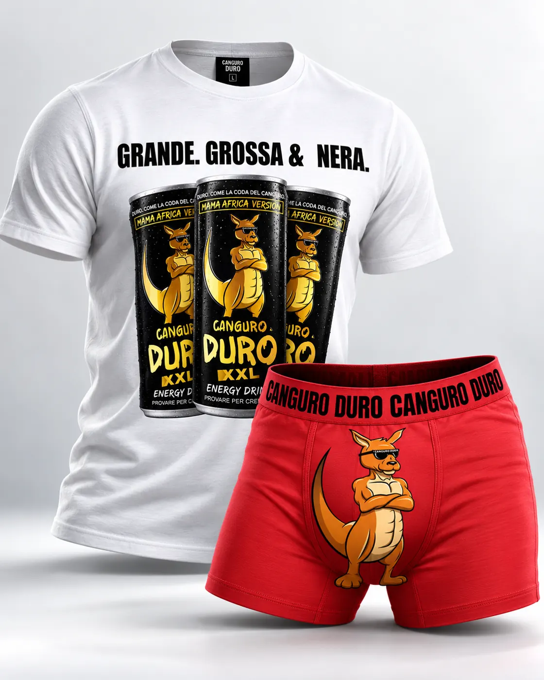 T-shirt bianca Grande. Grossa & Nera. con boxer rossi